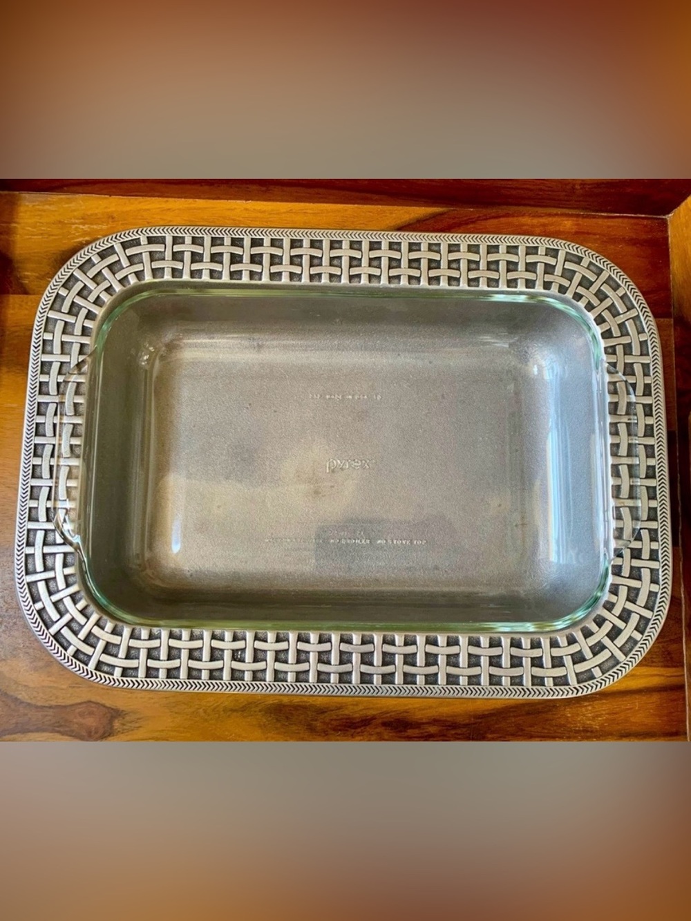 WILTON ARMETALE Pewter Rectangular Basket Weave Baker Tray & Pyrex Dish
